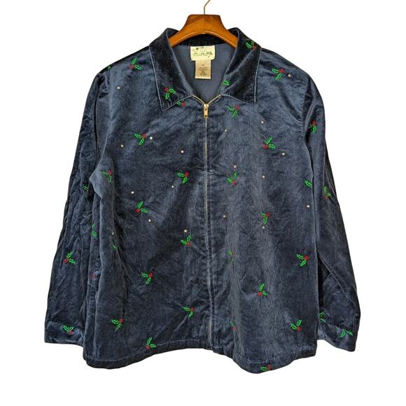 Vintage Quacker Factory Jacket Womens 1X Navy Blue Velvet Holly Embroidered - Picture 1 of 8